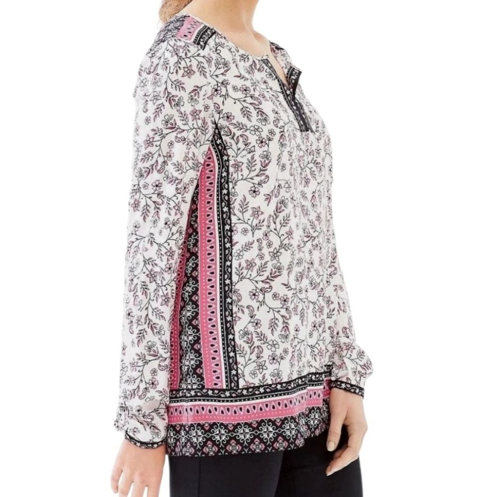 J. Jill Women Tunic Blouse Top Neck Floral White Pink Long Sleeve Size M - Picture 3 of 13